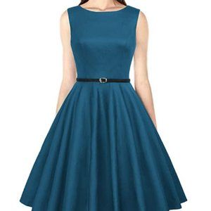 GRACE KARIN Boatneck Sleeveless Vintage Tea Dress with Belt - Teal - XL